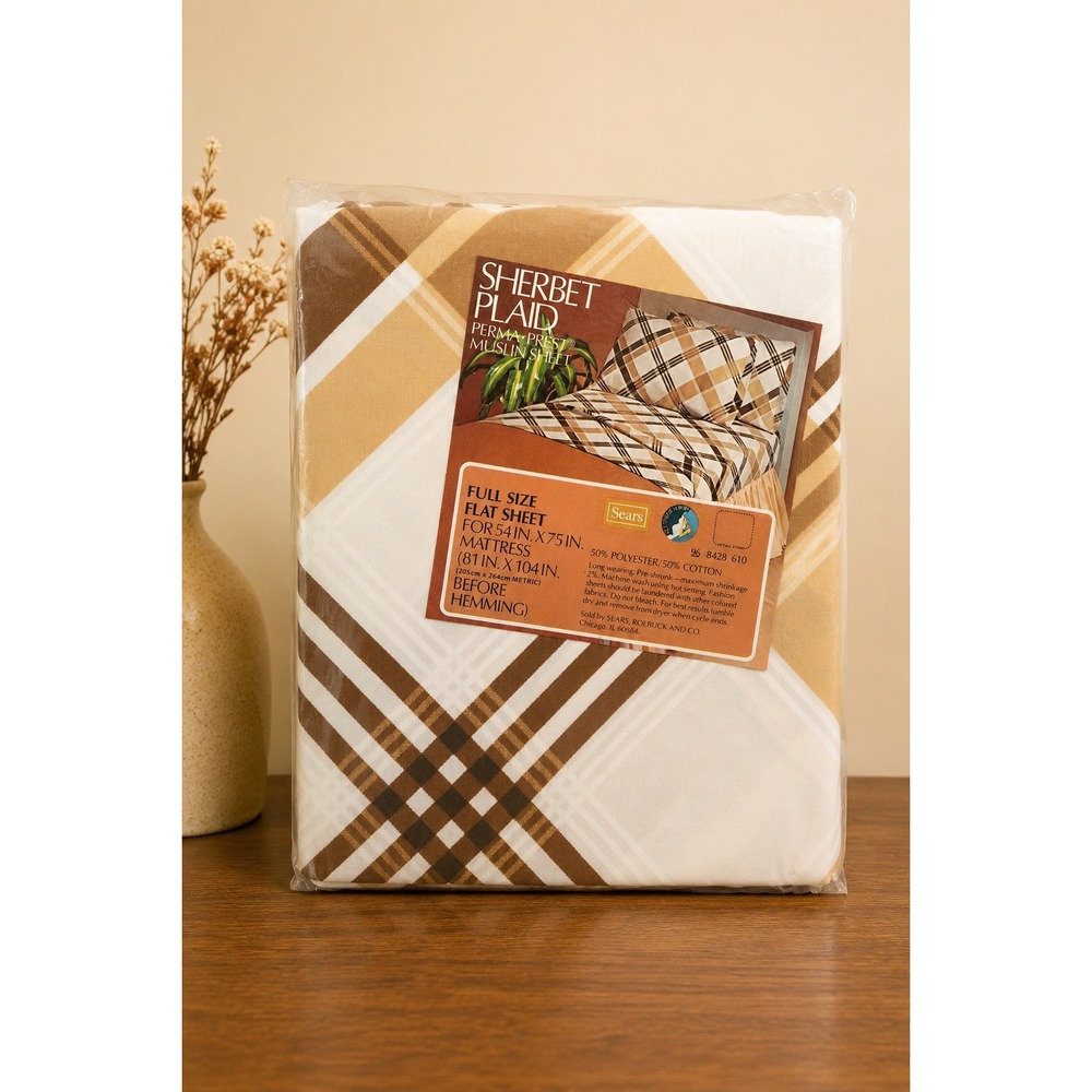 Vintage Sears Sherbet Plaid Retro Full Flat Sheet NOS Brown‎ Tan Cottagecore